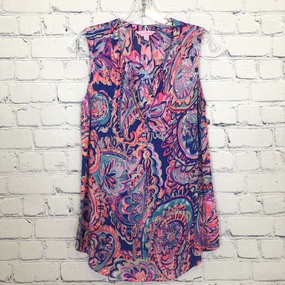 Lilly Pulitzer Sleeveless Stacey Top Size S Blue Current Drop Me A Lime - Picture 1 of 7